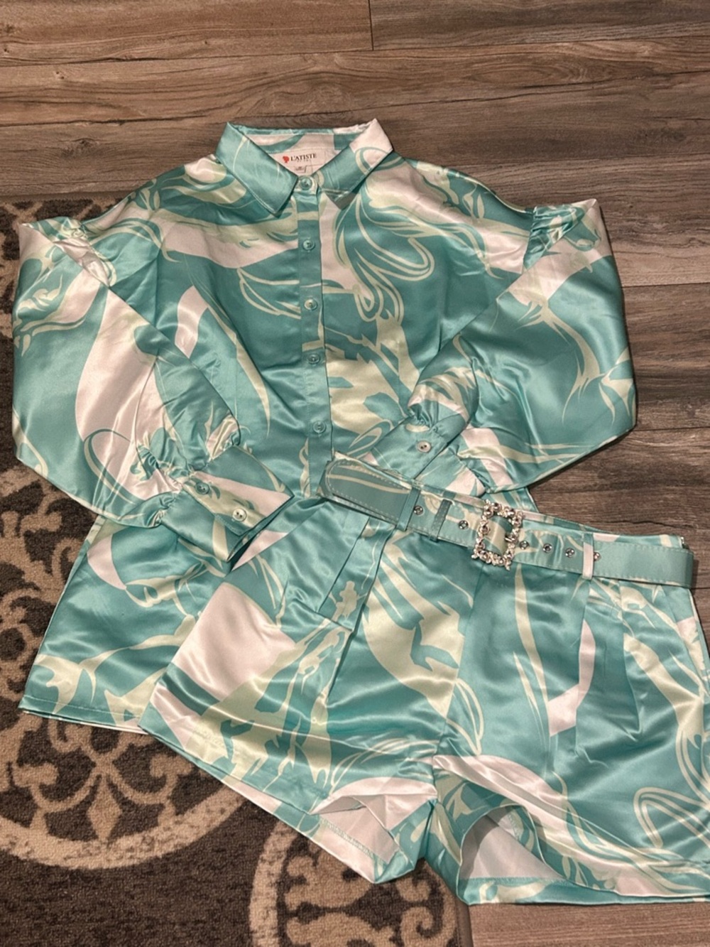 L'ATISTE Teal & White Satin Two-Piece Set